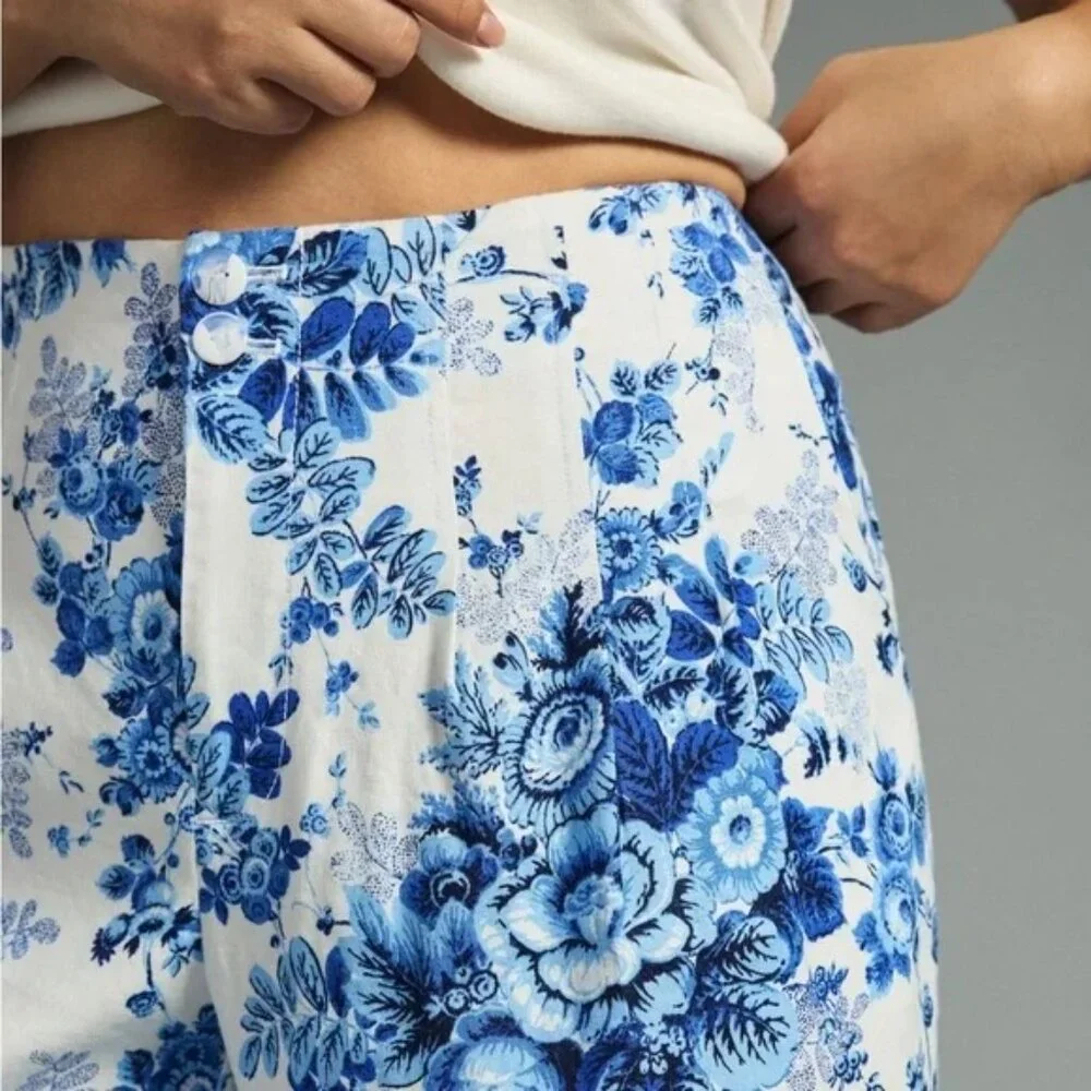 Maeve by Anthropologie White & Blue Floral Wide Leg Trousers, Size: 2 - Picture 2 of 5